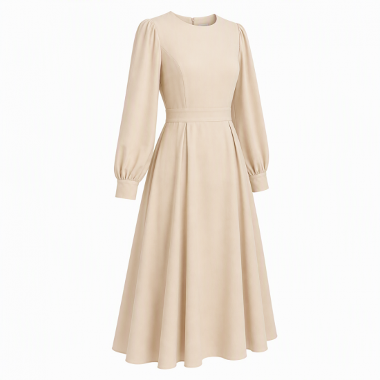 Beige Long Sleeve Midi Dress