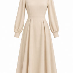 Beige Long Sleeve Midi Dress