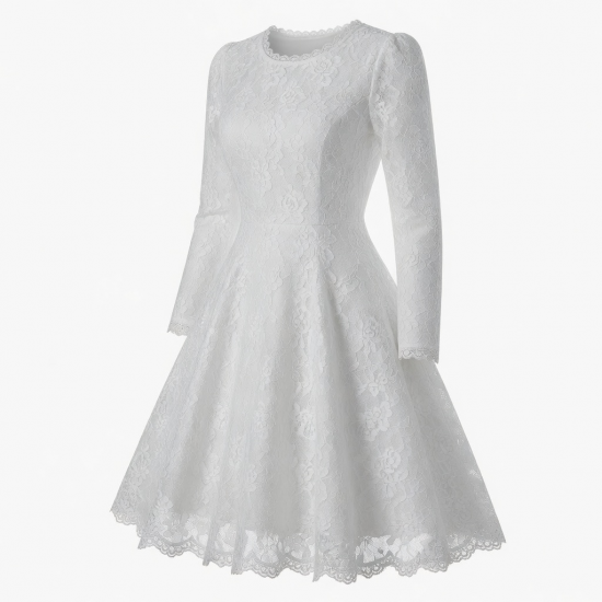 Round Neck Long Sleeve Fit Flare Lace Women's Dress