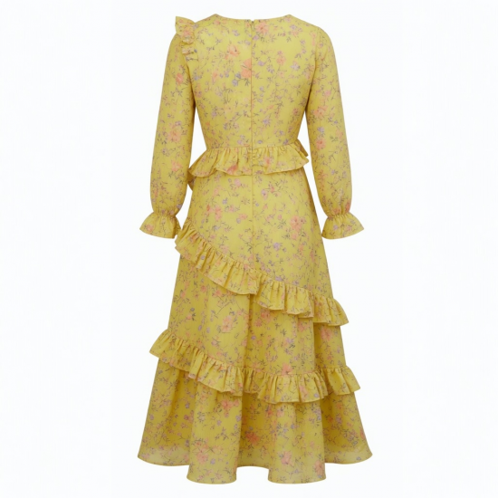 Yellow Long Sleeve Ruffled Floral Maxi Dress