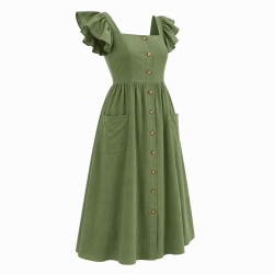 Square Neck Flutter Sleeve Pockets Button Dress