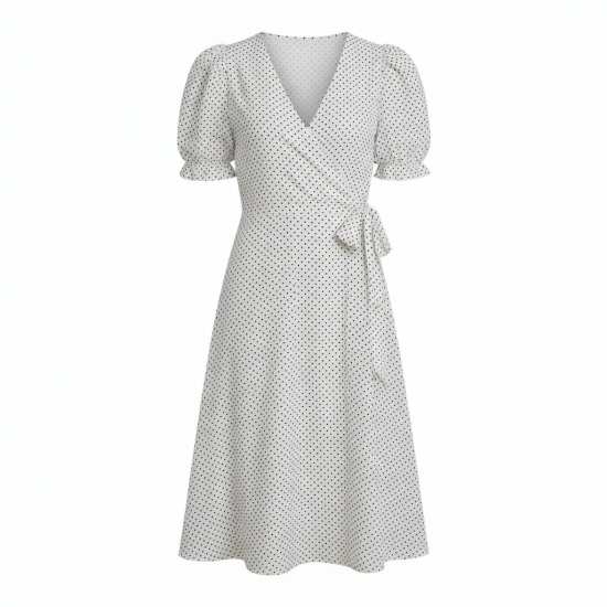 V-Neck Puff Sleeve Wrap Polka Dot Midi Dress