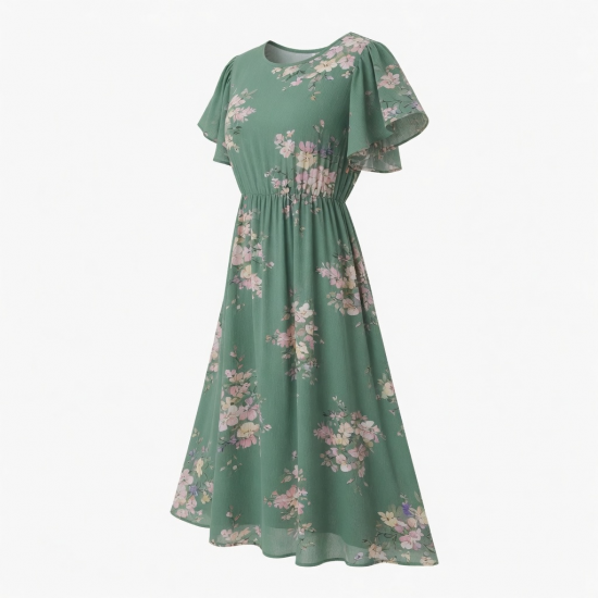 Green Round Neck Flutter Sleeve Floral Women's Midi Dress