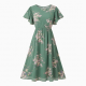 Green Round Neck Flutter Sleeve Floral Women's Midi Dress