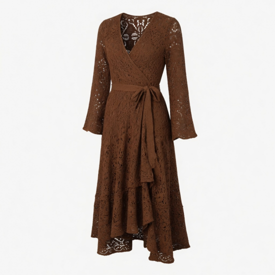 Brown Crochet Vintage Boho Women's Wrap Dress