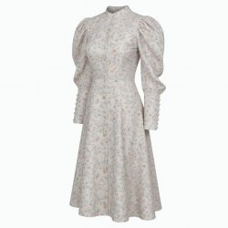 High Neck Puff Sleeve Button Floral Women's Shirt Dress
