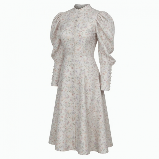 High Neck Puff Sleeve Button Floral Women's Shirt Dress