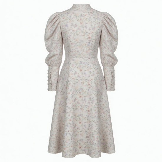 High Neck Puff Sleeve Button Floral Women's Shirt Dress