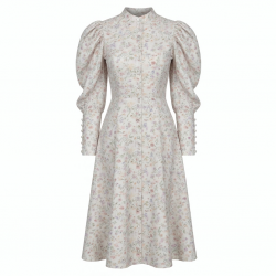 High Neck Puff Sleeve Button Floral Women's Shirt Dress