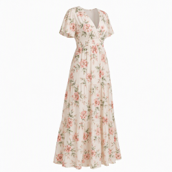 V-Neck Short Sleeve Floral Viscose Women's Maxi Dress