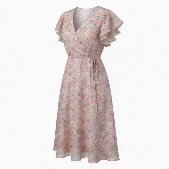 V-Neck Flutter Sleeve Wrap Floral Midi Dress
