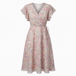 V-Neck Flutter Sleeve Wrap Floral Midi Dress