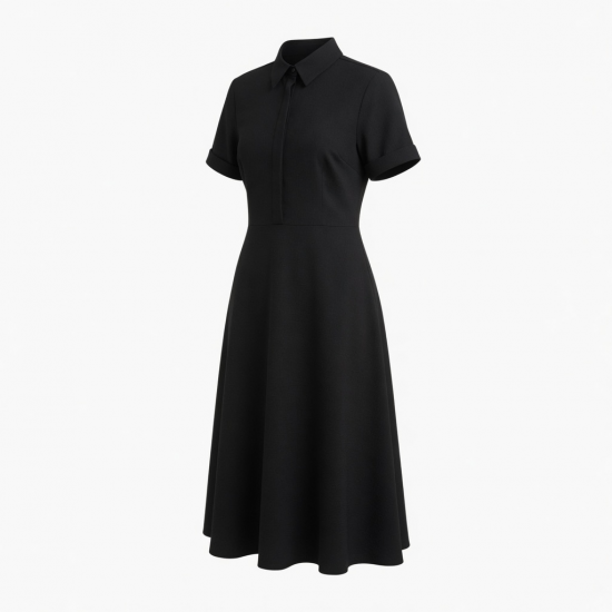 Midi Regular Black Collared Dress