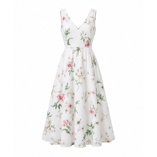 White V-Neck Sleeveless Floral Dress