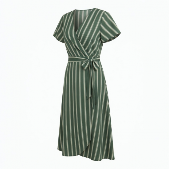 Green Wrap Striped Midi Dress