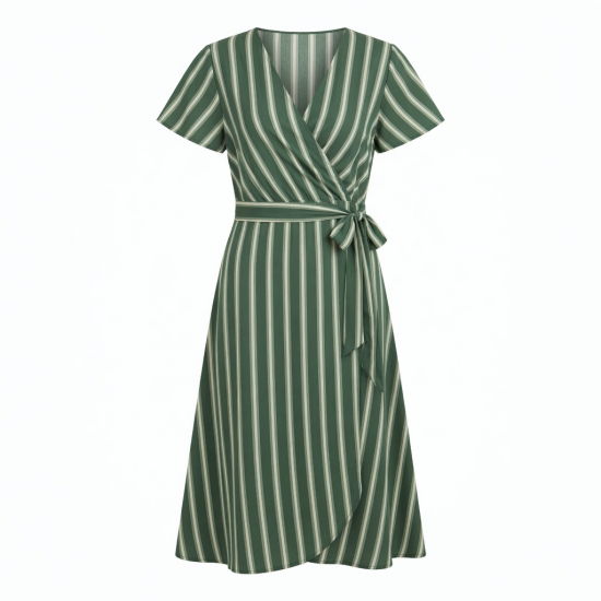 Green Wrap Striped Midi Dress