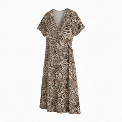 V-Neck Short Sleeve Wrap Animal Print Midi Dress