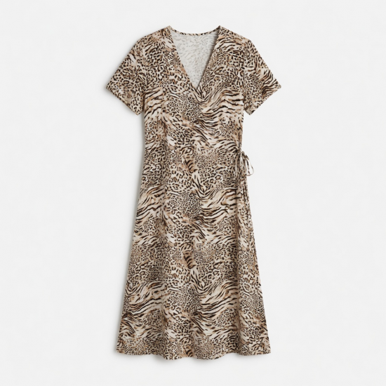V-Neck Short Sleeve Wrap Animal Print Midi Dress