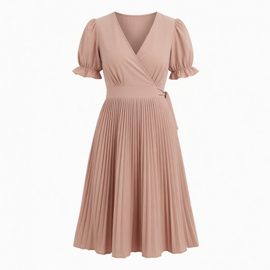 V-Neck Puff Sleeve Wrap Pleated Midi Dress