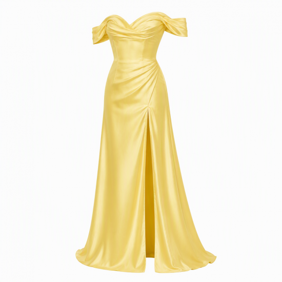 Yellow Off-Shoulder Sweetheart Satin Women's Maxi Dress