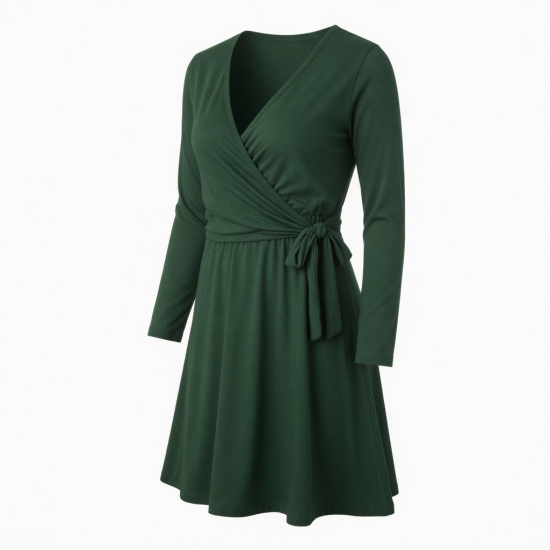 V-Neck Long Sleeve Wrap Jersey Women's Dress