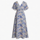 Blue V-Neck Short Sleeve Floral Women's Maxi Dress