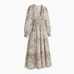 V-Neck Long Sleeve Smocked Floral Women's Maxi Dress