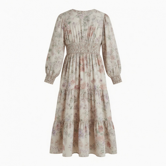 V-Neck Long Sleeve Smocked Floral Women's Maxi Dress