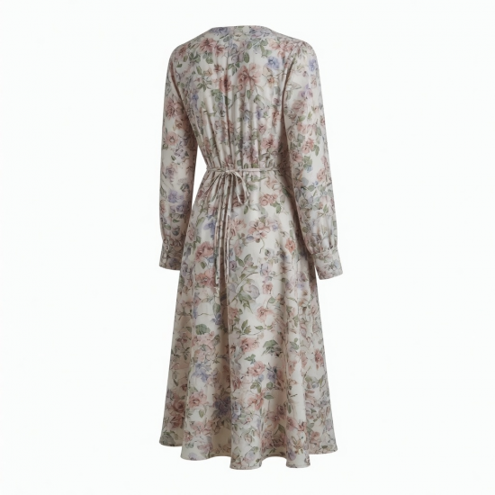 V-Neck Long Sleeve Wrap Floral Midi Dress