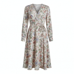V-Neck Long Sleeve Wrap Floral Midi Dress