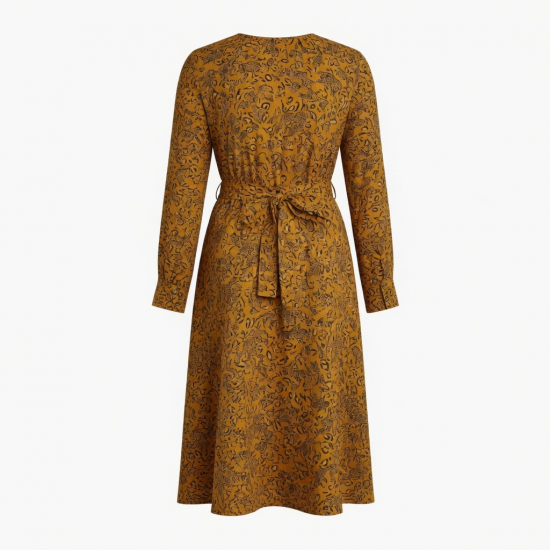 Mustard Long Sleeve Animal Print Midi Dress