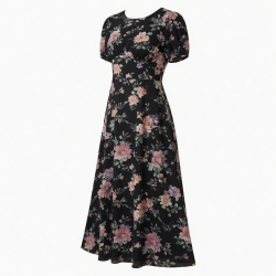 Black Round Neck Floral Women's Maxi Dress