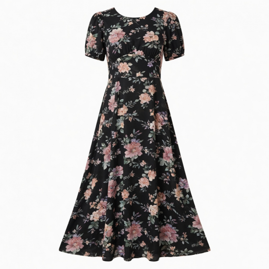 Black Round Neck Floral Women's Maxi Dress