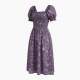 Purple Square Neck Smocked Floral Women's Midi Dress