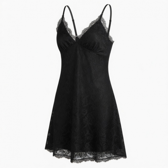 Black V-Neck Sleeveless Lace Women's Slip Dress