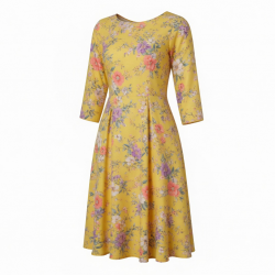 Yellow Three-Quarter Sleeve Floral Midi Dress