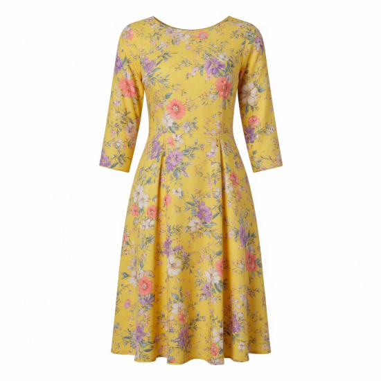 Yellow Three-Quarter Sleeve Floral Midi Dress