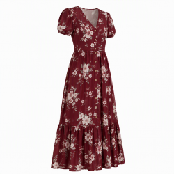 Burgundy Button Floral Maxi Dress