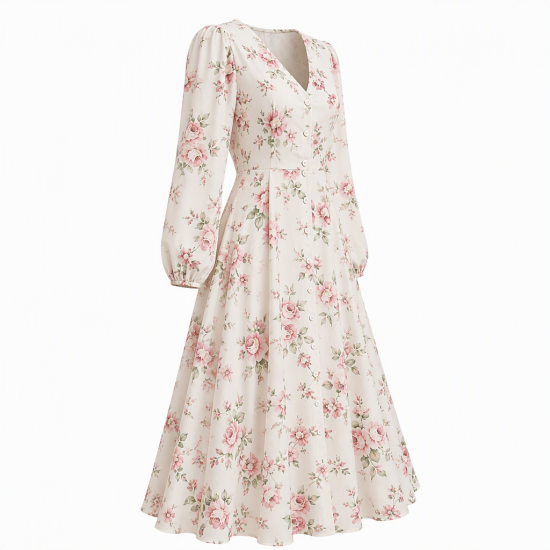 Long Sleeve Fit Flare Button Floral Midi Dress