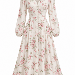 Long Sleeve Fit Flare Button Floral Midi Dress
