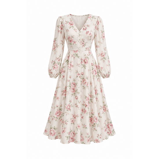 Long Sleeve Fit Flare Button Floral Midi Dress