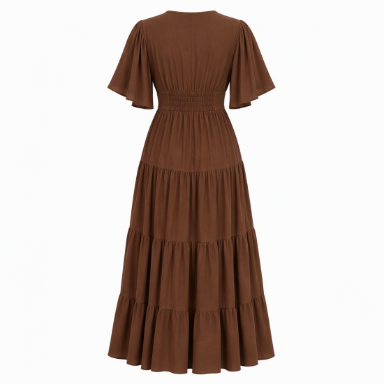 Brown V-Neck Split Button Women's Maxi Dress
